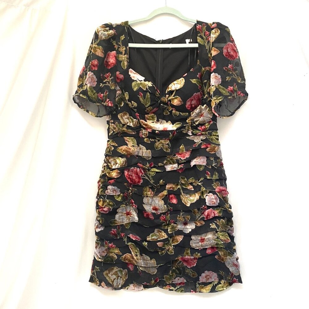 ASTR THE LABEL Floral Velvet Burnout Mini Dress L Black Red Ruffled Whimsigoth